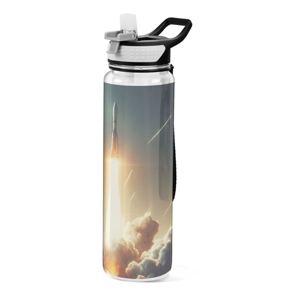 Rocket Launching Sports Water Bottle Portable Travel Mug 32oz BPA Free Leak Proof Straw Transparent Tritan for Gym Yoga Cycling Camping