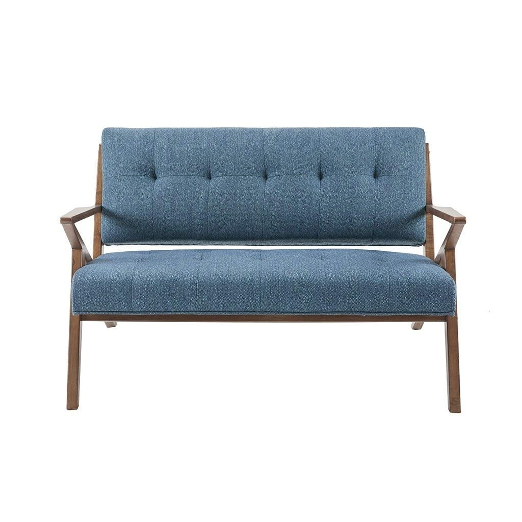 Mid-Century Modern Blue Tufted Fabric Loveseat with Wood Frame