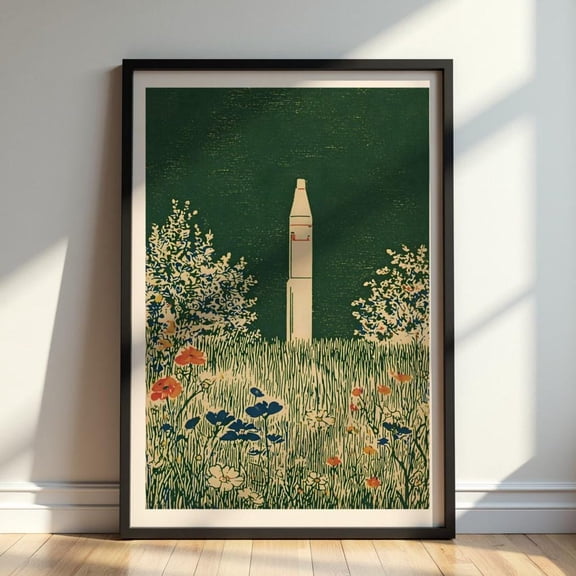Rocket Meadow Minimalist Space Wall Art Retro Nature Print Botanical Sci Fi Artwork Mid Century Space Decor Cosmic Landscape, Unframed Paper Print