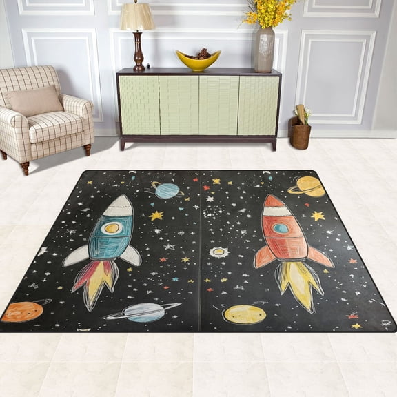 Rocket Pattern 80''x58'' Extra Large Plush Memory Foam Rug, Soft, Absorbent, Non Slip