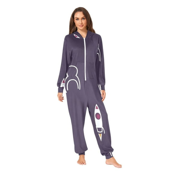 Rocket Pattern Adult onesie Pajamas, Crystal Velvet Ultra Soft Warm Jumpsuit for Men and Women