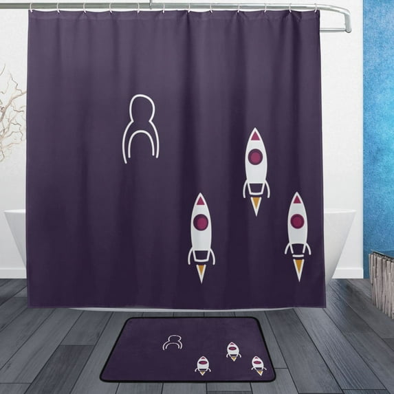 Rocket Pattern Bathroom Accessory Sets Waterproof Shower Curtain with Anti-Slip Bath Mat Durable Combo