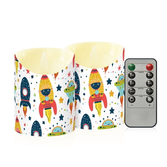 Rocket Pattern Flameless Candles 2 PCS with Remote Realistic Moving Flame LED Tapered Pillar Set for Home Decor