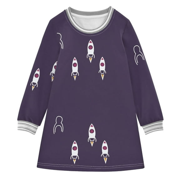 Rocket Pattern Girls'long-sleeved dress Thickened A-dress Warm Dress Basic Shirt Party Dresses