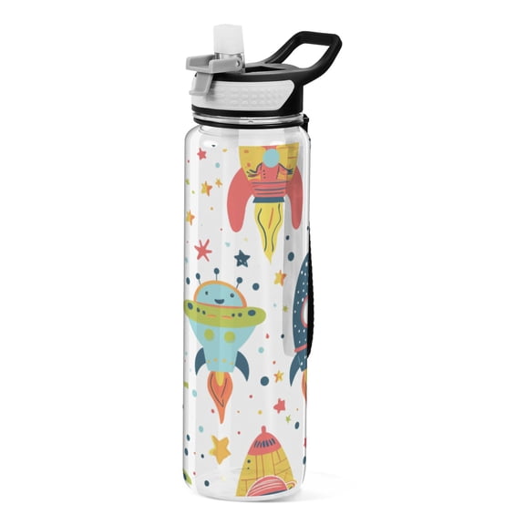 Rocket Pattern Sport Water Bottle Tritan with Straw 1000ml Portable for Outdoor Daily Use