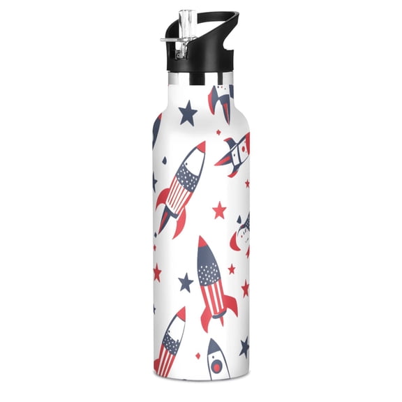 Rocket Pattern Sport Water Bottle for Kids Insulated with Straw for School Outdoor Daily Use