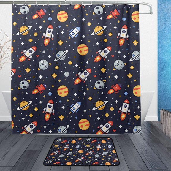 Rocket Pixel Style Bathroom Accessory Sets Waterproof Shower Curtain with Absorbent Non-Slip Rug