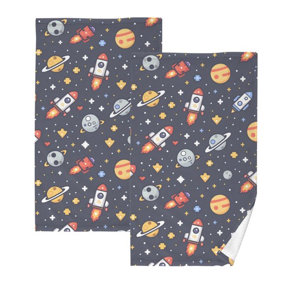 Rocket Pixel Style Cotton Towel Set Face Hand Towels 2 Pack Soft Absorbent 16x28in