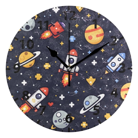 Rocket Pixel Style Wall Clock 10in Round Artistic Oil Painting Home Decor Desk Table Clock