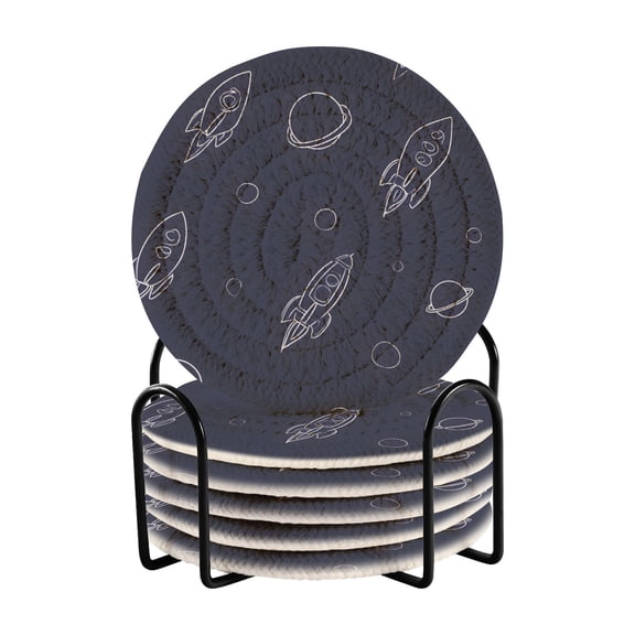 Rocket Planet Space Bar Coasters 6 Pack Braided Coasters with Holder Absorbent Heat Resistant