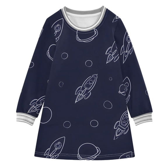 Rocket Planet Space Girls'long-sleeved dress Thickened A-dress Warm Dress Basic Shirt Party Dresses