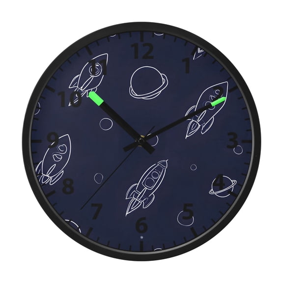 Rocket Planet Space Wall Clock 12 Inch Voice Activated Night Light Silent Non Ticking