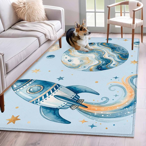 Rocket Planets Area Rugs 4x6 ft Abstract Cartoon Star Planet Rocket Blue Washable Rug Non Slip Indoor Carpet Absorbent Floor Mat for Living Room Bedroom Dining Room
