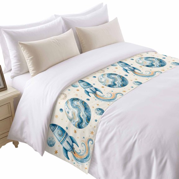 Rocket Planets Bed Runner for Twin Size Bed, Abstract Cartoon Star Planet Rocket Beige Soft Bedding Scarf Bedding Protector Slipcover Sofa Throw for Bedroom Hotel Guesthouse