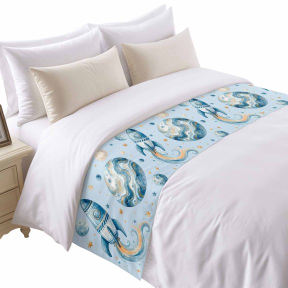 Rocket Planets Bed Runner for Twin Size Bed, Abstract Cartoon Star Planet Rocket Blue Soft Bedding Scarf Bedding Protector Slipcover Sofa Throw for Bedroom Hotel Guesthouse