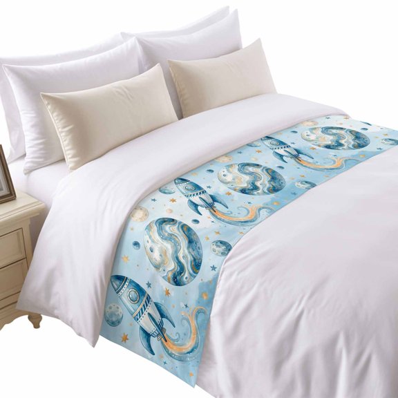 Rocket Planets Bed Runner for Twin Size Bed, Abstract Cartoon Star Planet Rocket Gradient Blue Soft Bedding Scarf Bedding Protector Slipcover Sofa Throw for Bedroom Hotel Guesthouse