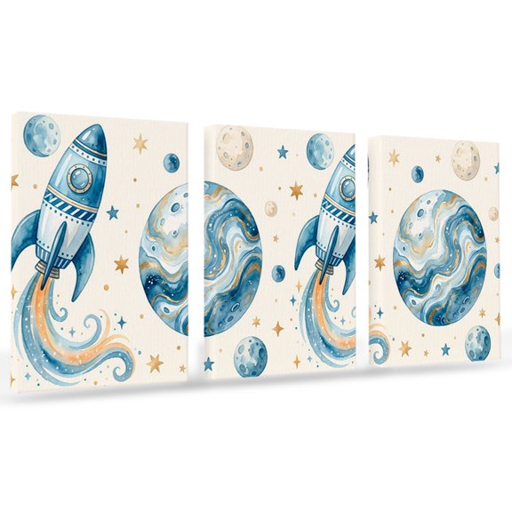 Rocket Planets Canvas Wall Art 3 Panels, Abstract Cartoon Star Planet Rocket Beige Framed Wall Decor Modern Artwork Prints Painting for Living Room, Bedroom, Kitchen & Cafe Decor 16" x 20"