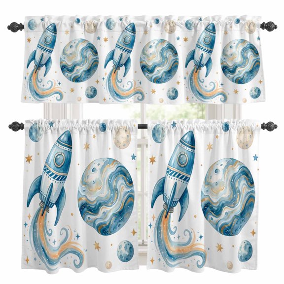 Rocket Planets Kitchen Curtains and Valances Set, Abstract Cartoon Star Planet Rocket 3 Piece Curtains Valances and Tiers Set Rod Pocket for Kitchen Bathroom Windows 36 Inch