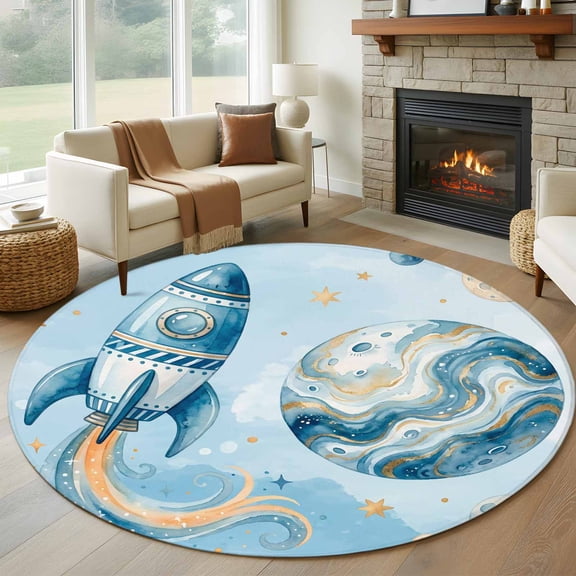 Rocket Planets Round Rugs for Living Room 7ft Abstract Cartoon Star Planet Rocket Gradient Blue Non Slip Circle Rug Washable Low-Profile Indoor Carpet for Bedroom, Dining Room, Bathroom