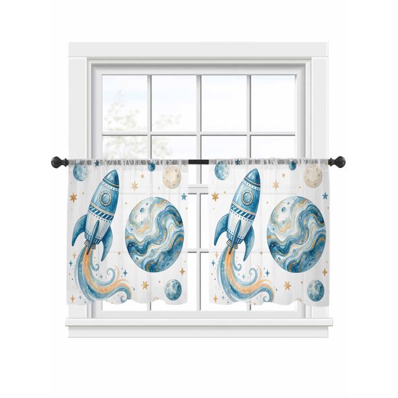 Rocket Planets Sheer Curtains 2 Panels Set Abstract Cartoon Star Planet Rocket Sheer Window Curtains Light Filtering Rod Pocket Voile Drapes for Bedroom Living Room 52"x45"