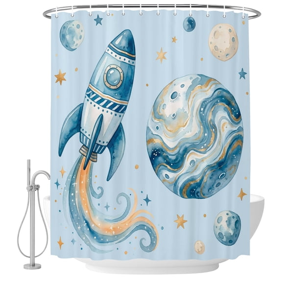 Rocket Planets Shower Curtain for Bathroom, Abstract Cartoon Star Planet Rocket Blue Waterproof Cloth Fabric Bathroom Accessories Set with 12 Rust Proof Plastic Hooks, 72"x84"