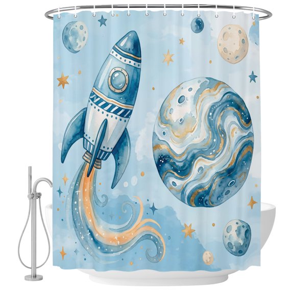 Rocket Planets Shower Curtain for Bathroom, Abstract Cartoon Star Planet Rocket Gradient Blue Waterproof Cloth Fabric Bathroom Accessories Set with 9 Rust Proof Plastic Hooks, 36"x72"