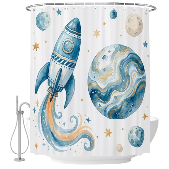 Rocket Planets Shower Curtain for Bathroom, Abstract Cartoon Star Planet Rocket Waterproof Cloth Fabric Bathroom Accessories Set with 9 Rust Proof Plastic Hooks, 36"x72"
