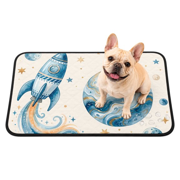 Rocket Planets Washable Pee Pads for Dogs, Abstract Cartoon Star Planet Rocket Beige Reusable Puppy Pads Waterproof Pet Mat, Absorbent Dog Pee Pads for Crate Pet Training Whelping Mats 24"x18"