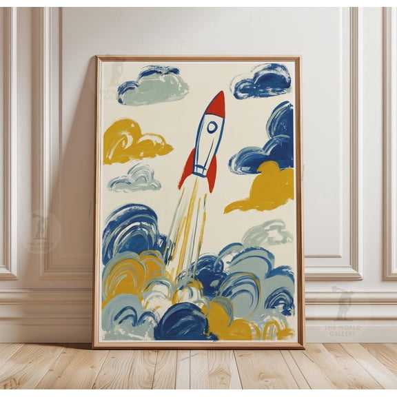 Rocket Poster Abstract Space Wall Art Colorful Cloud Brushstroke Art, Stretched Canvas