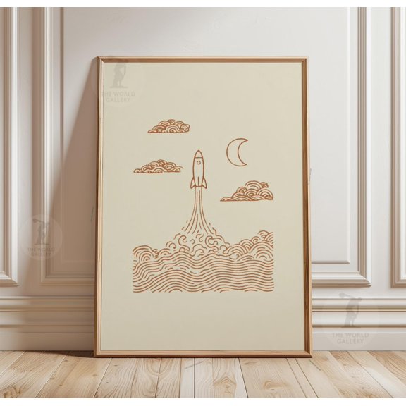 Rocket Poster Minimal Line Art Wall Decor Japanese Style Space Print Ocean Wave Illustrati