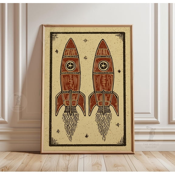 Rocket Poster Space Line Illustration Print Retro Sci Fi Wall Art Decor