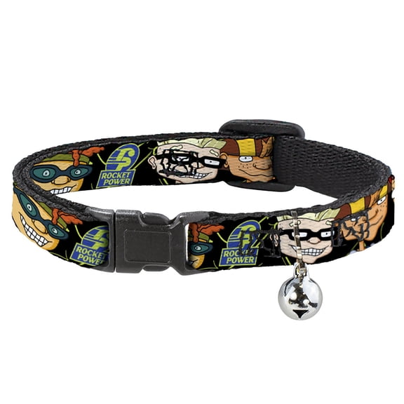 Rocket Power Breakaway Cat Collar With Bell, Plastic Clip, Easy Adjustable, Rocket Power Logo Character Faces Close Up Black Green Blue, 8.5 to 12 Inches 0.5 Inch Wide