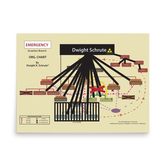 Rocket Prints Dunder MiffIin Emergency Disaster Mode Org Chart By Dwight K Schrute Office Poster, 9 x 12