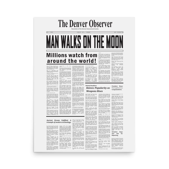 Rocket Prints We Landed On The Moon Man Walks On The Moon Article Alt Poster, 12 x 16
