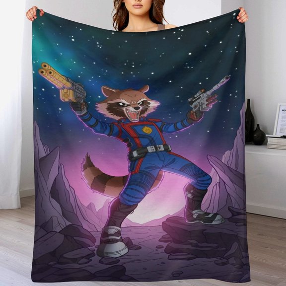 Rocket Raccoon Blanket, Soft Cozy Fluffy Plush Throw Blanket for Boys Girls Young Adults, Warm Flannel Blanket for Living Room Bedroom Couch Bed 60"x80"