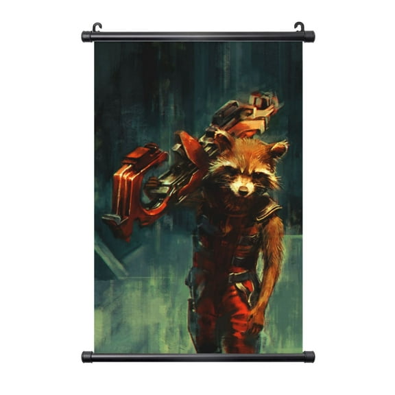 Rocket Raccoon Hanging Poster, Black Plastic Shaft Wall Hanging Posters Scroll Hanger, Canvas Artwork Wall Art Painting Decor for Living Room Bedroom Office 16"X24"