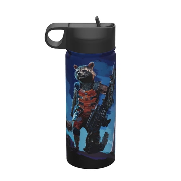 Rocket Raccoon Kids Water Bottle with Flip Straw Lid 18OZ Vacuum Insulated Stainless Steel Thermos Leakproof School Travel Sports Cup for Boys Girls Gift