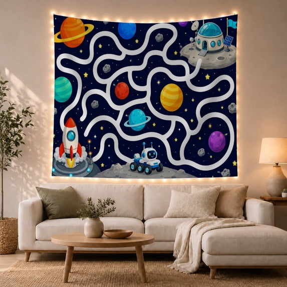 Rocket and Rover in Starry Space Maze, Playful Illustration for Astronomy Fans, Cosmic Home Decor, Birthday Gift, Tapestry Wall Hanging for Bedroom and Gaming Room