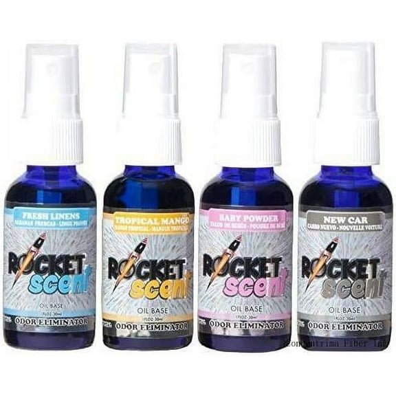 Rocket Scent Family Scents - Oil Air Fresheners (New Car, Tropical Mango, Fresh Linens, Powder Scent) 4PACK