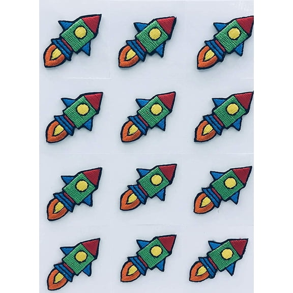 Rocket Ship Applique 100% Embroidered Press-On Patch | 3/4" x 1-1/4" (1.9 cm x 3.2 cm) | 12 Pieces | Iron-On, Stick-On, or Press-On for DIY Crafts, Kids Clothing & Space-Themed Projects