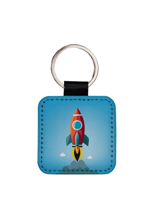 Rocket Ship Blasting Off Faux Leather Square Keychain