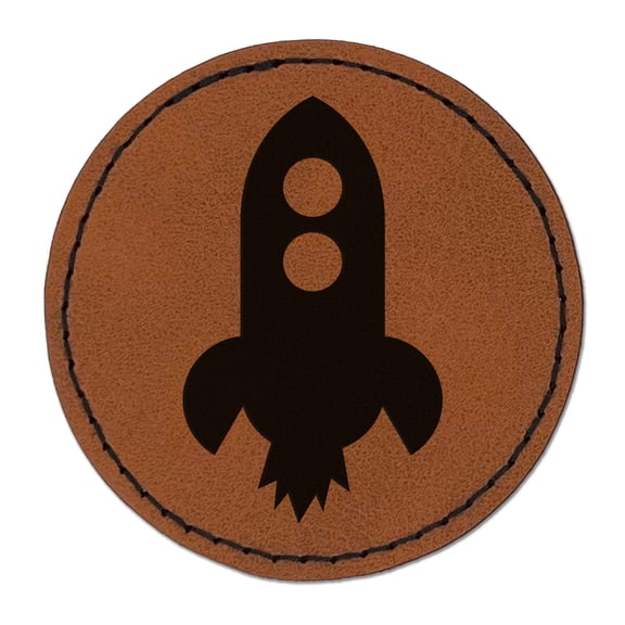 Rocket Ship Doodle 2.5" Faux Leather Round Engraved Iron-On Patch - Brown