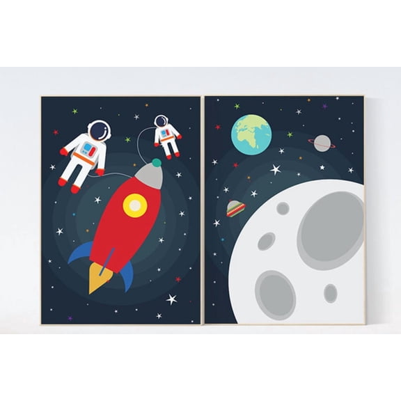 Rocket Ship Poster Outer Space Nursery Wall Art Boys Room Playroom Space Themed Decoration Set 2 Set 2