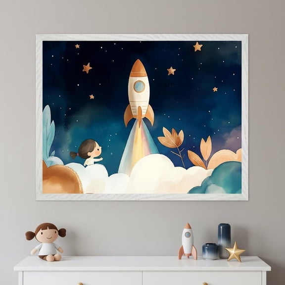 Rocket Ship Poster, Whimsical Starry Nursery Wall Art