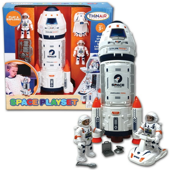 Playful Minds: Space Playset - 10pc Lights & Sounds Spaceship Toy Set, 12" Mix & Match pcs Rocket, 2 Astronaut Figures, Racer, Play & Explore, Kids 3+