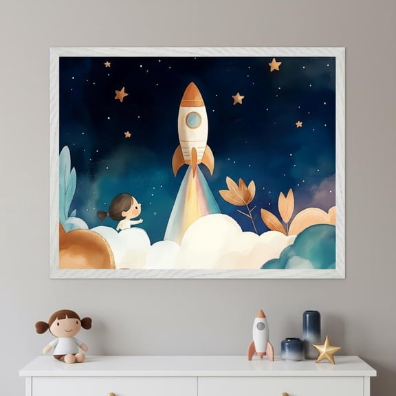 Rocket Ship Wall Art Outer Space Nursery Decor Whimsical Starry Sky Unframed Paper Print