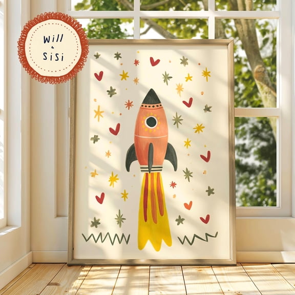 Rocket Ship Wall Art Print Pink Kids Room Decor Space Nursery Playroom Poster Galaxy Bedroom Cute Unframed Print Space Poster Girl | 18, Poster Only