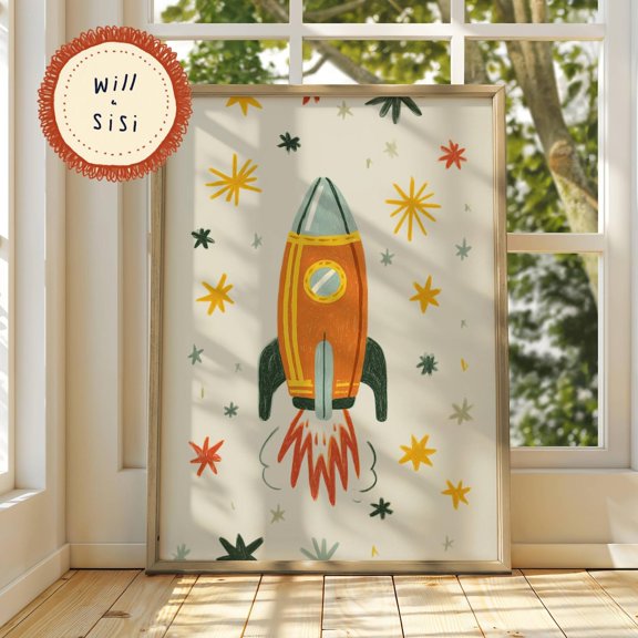 Rocket Ship Wall Art Print Space Adventure Decor