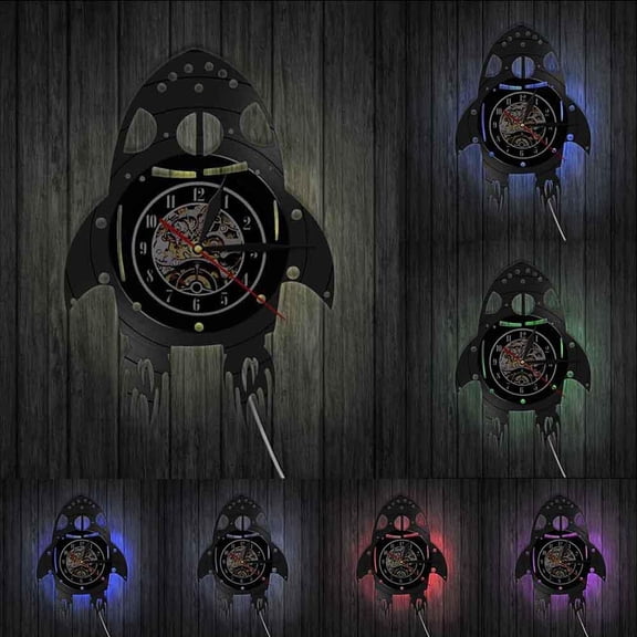 Rocket Ship Wall Art Wall Clock Kid Room Nursery Universe Decor Human Space Flight Artwork Spacecraft Vinyl Record Wall Clock