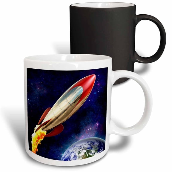 3drose, Rocket Shooting Through Space Around Earth, 11oz Magic Transforming Mug